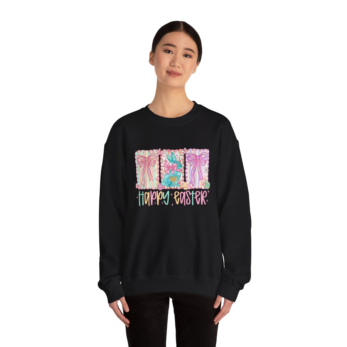 Easter Bunny Garden Sweatshirt — "Happy Easter" Pastel Holiday Crewneck